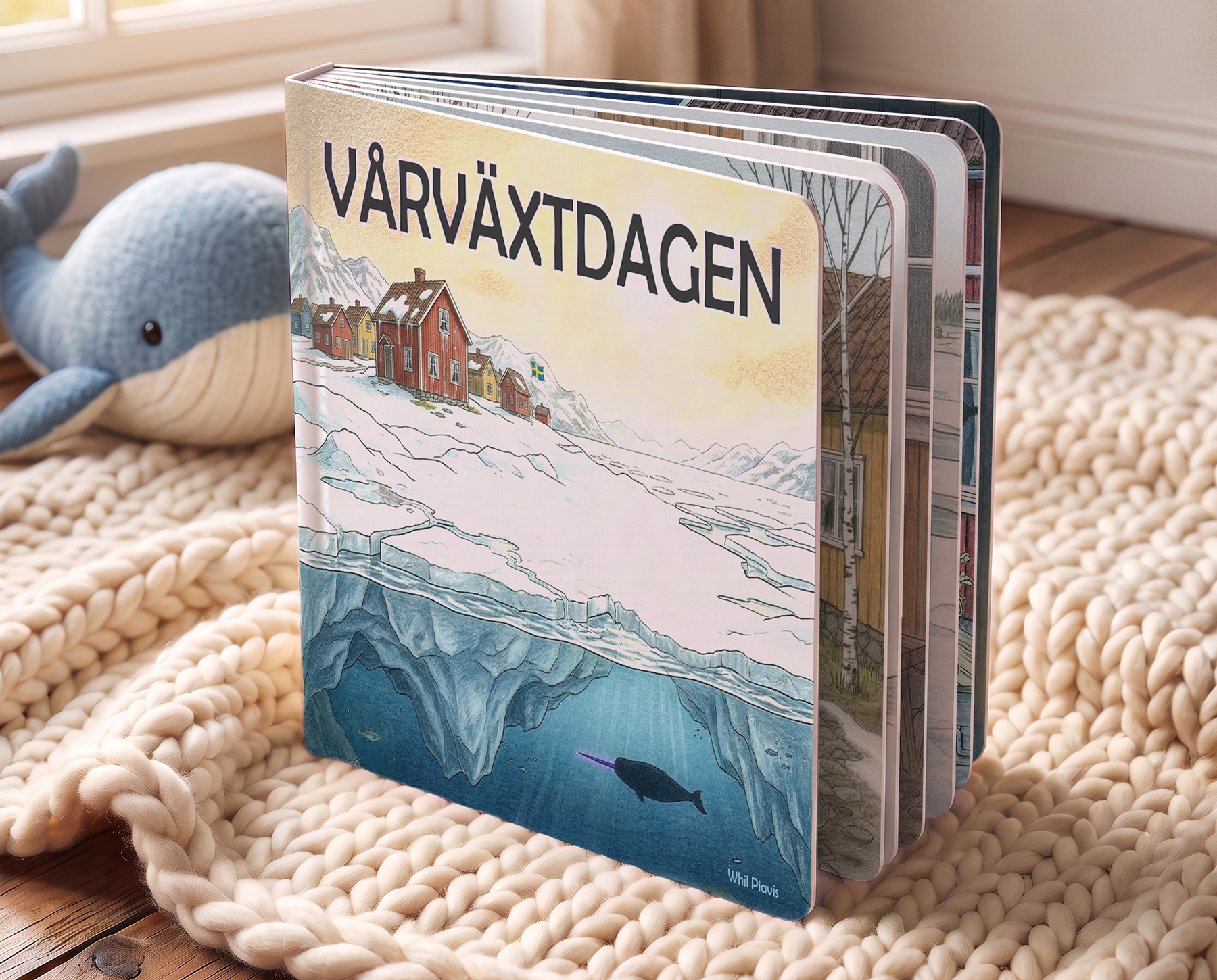 Vårväxtdagen book cover: a snowy Swedish village beside a frozen fjord, with a magical narwhal swimming beneath the ice.